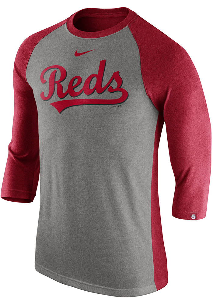 Nike Cincinnati Reds Grey Tri 3/4 Raglan Long Sleeve Fashion T Shirt