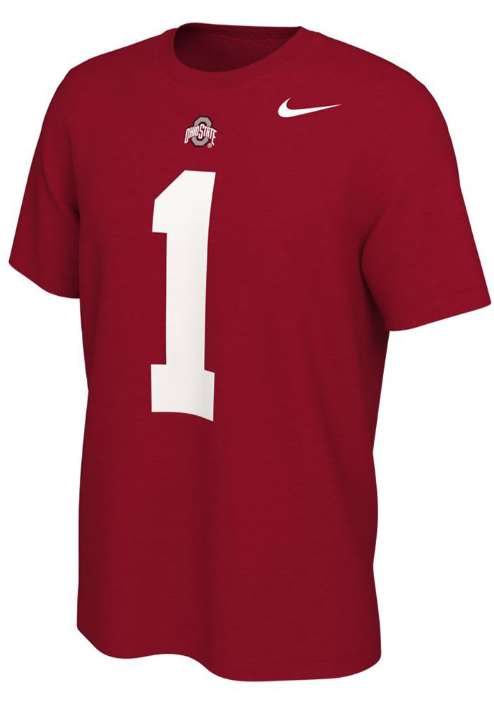 Justin Fields Ohio State Buckeyes Red Name and Number Short Sleeve Player T Shirt