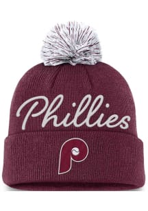 Nike Philadelphia Phillies Maroon Retro Script Crown Cuff Pom Womens Knit Hat
