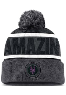 Nike New York Mets Grey City Connect Crown Stripe Peak Cuff Pom Mens Knit Hat