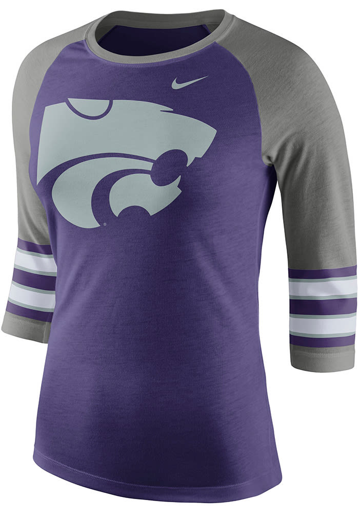 Nike K-State Wildcats Womens Purple Stipe Sleeve Raglan Long Sleeve Crew T-Shirt
