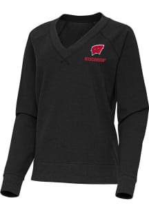 Womens Wisconsin Badgers Black Antigua Varsity Crew Sweatshirt