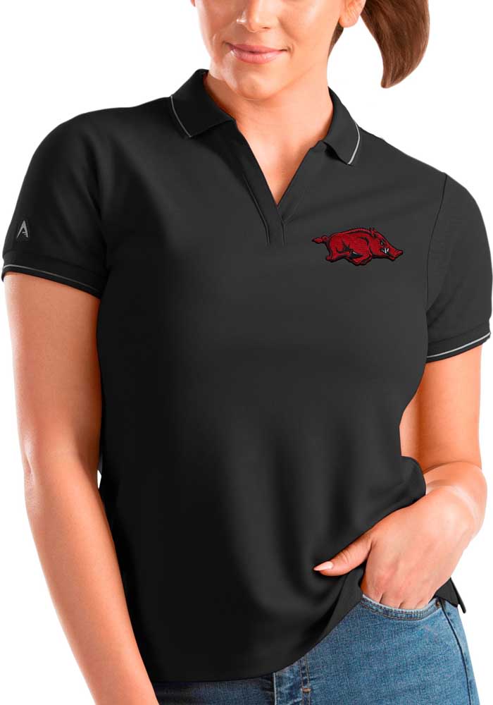 Antigua Arkansas Razorbacks Womens Black Affluent Short Sleeve Polo Shirt