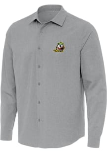 Mens Oregon Ducks Grey Antigua Exposure Long Sleeve Dress Shirt