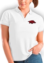 Antigua Arkansas Razorbacks Womens White Affluent Short Sleeve Polo Shirt