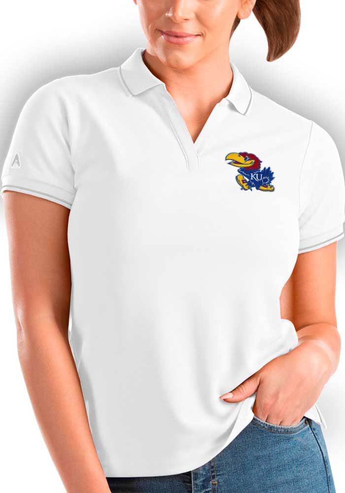 Antigua Kansas Jayhawks Womens White Affluent Short Sleeve Polo Shirt