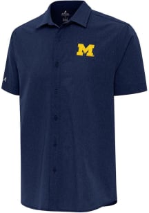 Mens Michigan Wolverines Navy Blue Antigua Activate Short Sleeve Dress Shirt