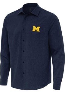 Mens Michigan Wolverines Navy Blue Antigua Exposure Long Sleeve Dress Shirt