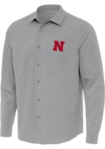 Mens Nebraska Cornhuskers Grey Antigua Exposure Long Sleeve Dress Shirt