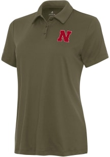 Womens Nebraska Cornhuskers Olive Antigua Reprocess Recycled Short Sleeve Polo Shirt