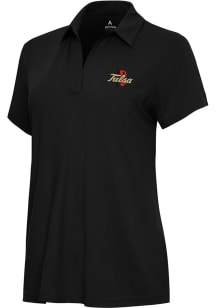 Womens Tulsa Golden Hurricane Black Antigua Era Short Sleeve Polo Shirt