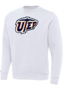 Antigua UTEP Miners Mens White Full Front Victory Long Sleeve Crew Sweatshirt