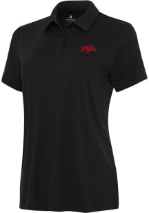 Antigua Arkansas Razorbacks Womens Black Reprocess Recycled Short Sleeve Polo Shirt