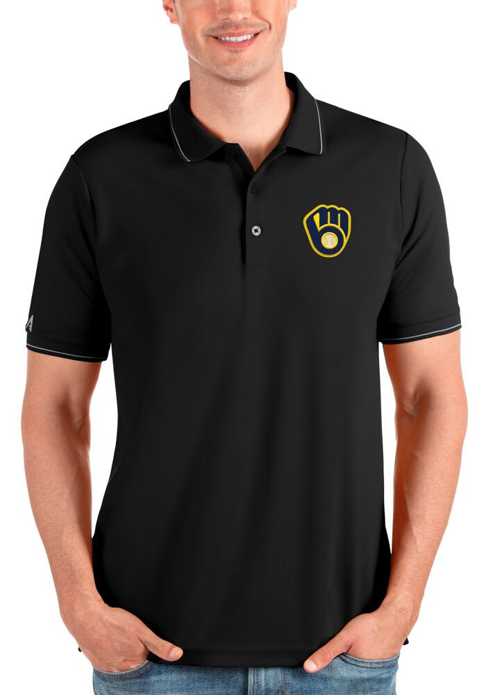 Antigua Milwaukee Brewers Black par 3 Short Sleeve Polo, Black, 90 % Polyester / 10% SPANDEX, Size XL, Rally House