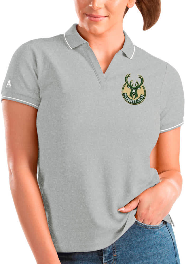 Antigua Milwaukee Bucks Womens Grey Affluent Short Sleeve Polo Shirt