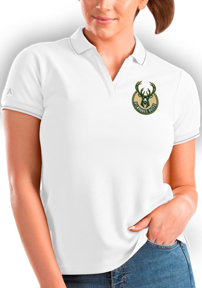 Antigua Milwaukee Bucks Womens White Affluent Short Sleeve Polo Shirt