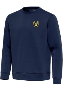 Antigua Milwaukee Brewers Mens Navy Blue Relevant Long Sleeve Crew Sweatshirt