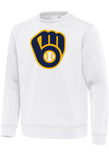 Antigua Milwaukee Brewers Mens White Full Front Relevant Long Sleeve Crew Sweatshirt