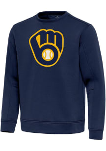 Antigua Milwaukee Brewers Mens Navy Blue Full Front Relevant Long Sleeve Crew Sweatshirt