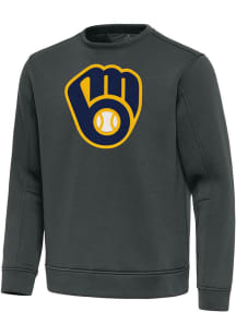 Antigua Milwaukee Brewers Mens Grey Full Front Relevant Long Sleeve Crew Sweatshirt