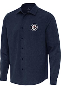 Antigua Winnipeg Jets Mens Navy Blue Exposure Long Sleeve Dress Shirt