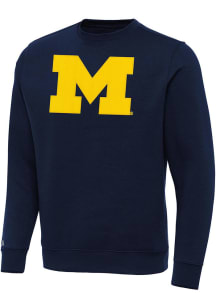 Navy Blue Michigan Wolverines Antigua Mens Full Front Victory Big and Tall Crew Sweatshirt