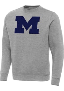 Grey Michigan Wolverines Antigua Mens Full Front Victory Big and Tall Crew Sweatshirt