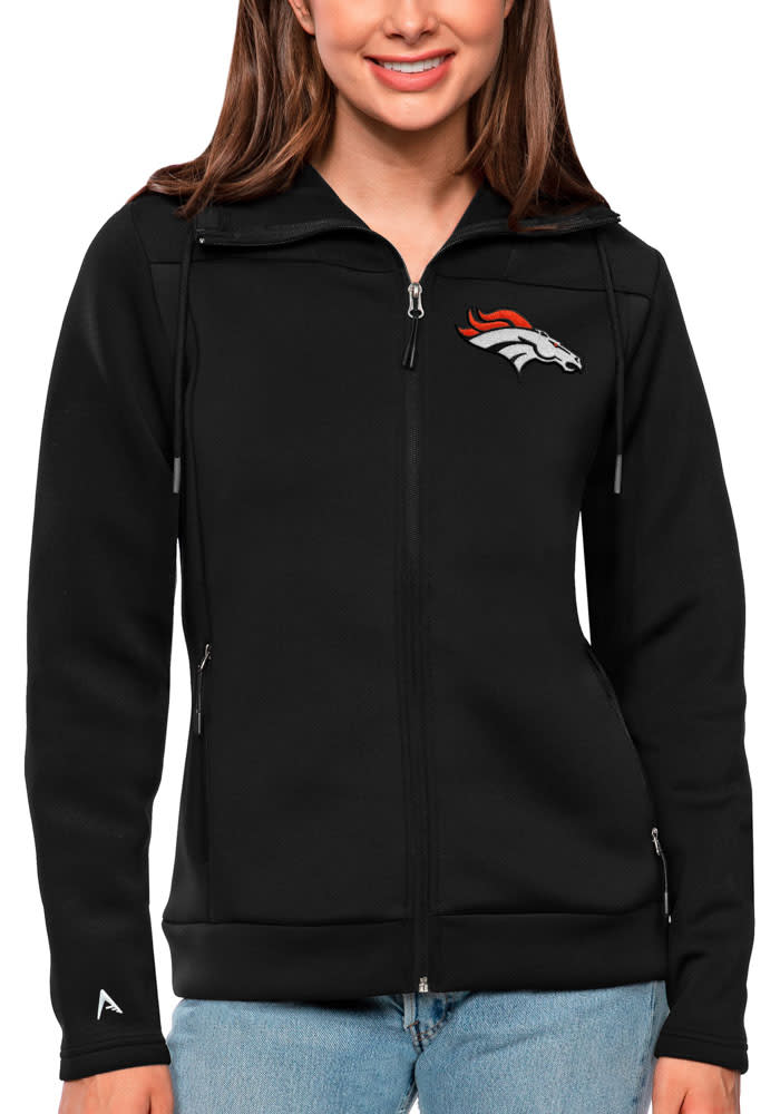 Women's Antigua Black Denver Broncos Metallic Logo Victory Full-Zip Hoodie