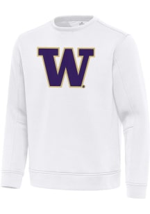 Mens Washington Huskies White Antigua Full Front Relevant Crew Sweatshirt