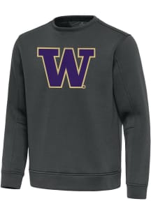 Mens Washington Huskies Grey Antigua Full Front Relevant Crew Sweatshirt