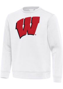 Mens Wisconsin Badgers White Antigua Full Front Relevant Crew Sweatshirt