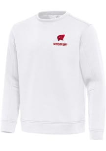 Mens Wisconsin Badgers White Antigua Relevant Crew Sweatshirt