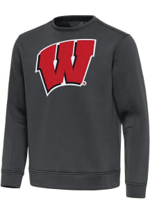 Mens Wisconsin Badgers Grey Antigua Full Front Relevant Crew Sweatshirt