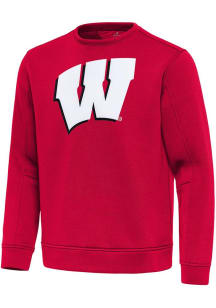 Mens Wisconsin Badgers Red Antigua Full Front Relevant Crew Sweatshirt