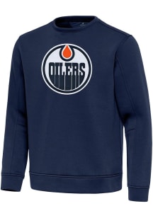 Antigua Edmonton Oilers Mens Navy Blue Full Front Relevant Long Sleeve Crew Sweatshirt