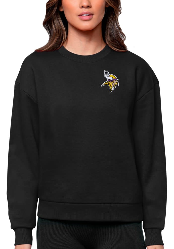 Antigua Minnesota Vikings Black Reward Long Sleeve Crew Sweatshirt, Black, 55% Cotton / 45% POLYESTER, Size S, Rally House