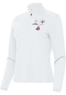 Womens Ohio State Buckeyes White Antigua 2024 CFP Quarterfinal Rose Bowl Tribute Qtr Zip Pullove..