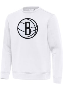 Antigua Brooklyn Nets Mens White Full Front Relevant Long Sleeve Crew Sweatshirt