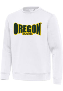 Mens Oregon Ducks White Antigua Full Front Relevant Crew Sweatshirt