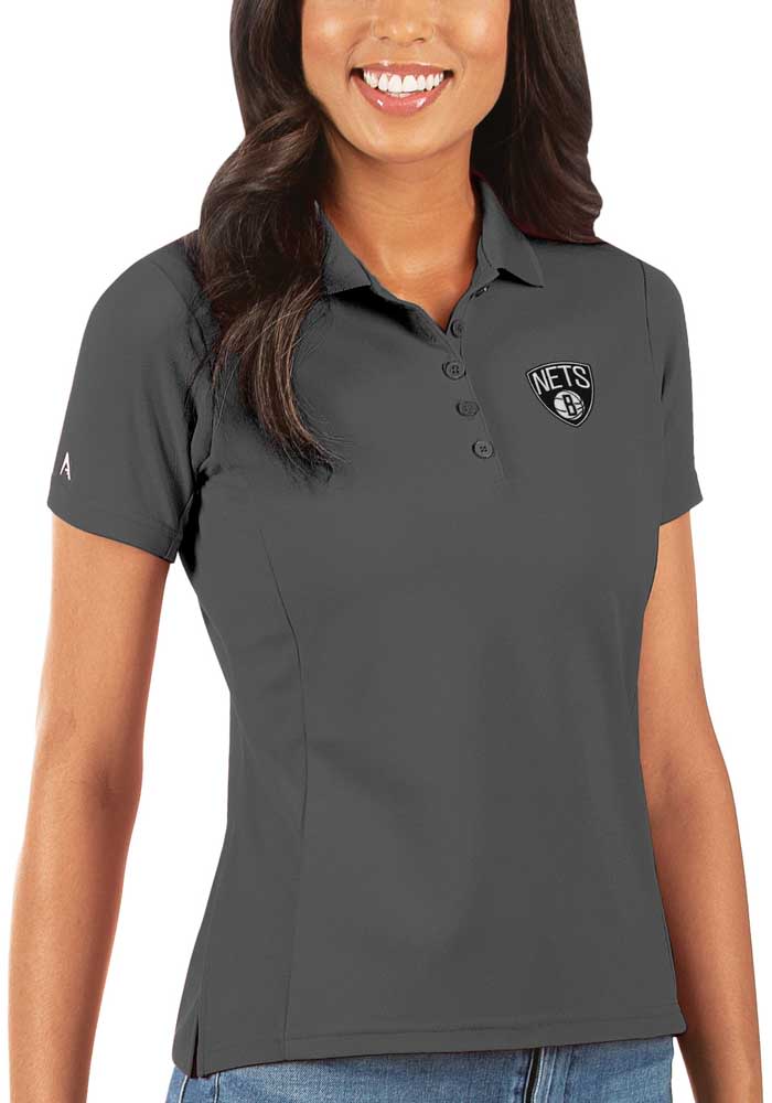 Antigua Brooklyn Nets Womens Grey Legacy Pique Short Sleeve Polo Shirt
