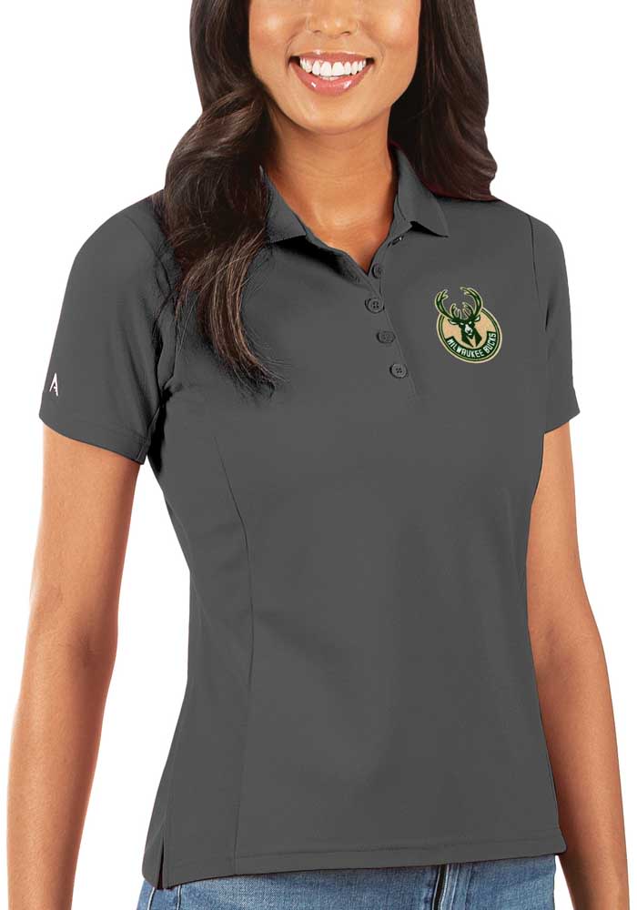 Antigua Milwaukee Bucks Womens Grey Legacy Pique Short Sleeve Polo Shirt