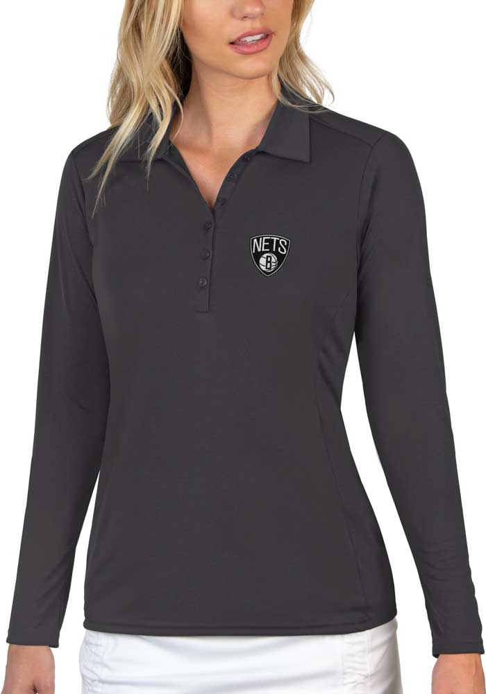 Antigua Brooklyn Nets Womens Grey Tribute Long Sleeve Polo Shirt