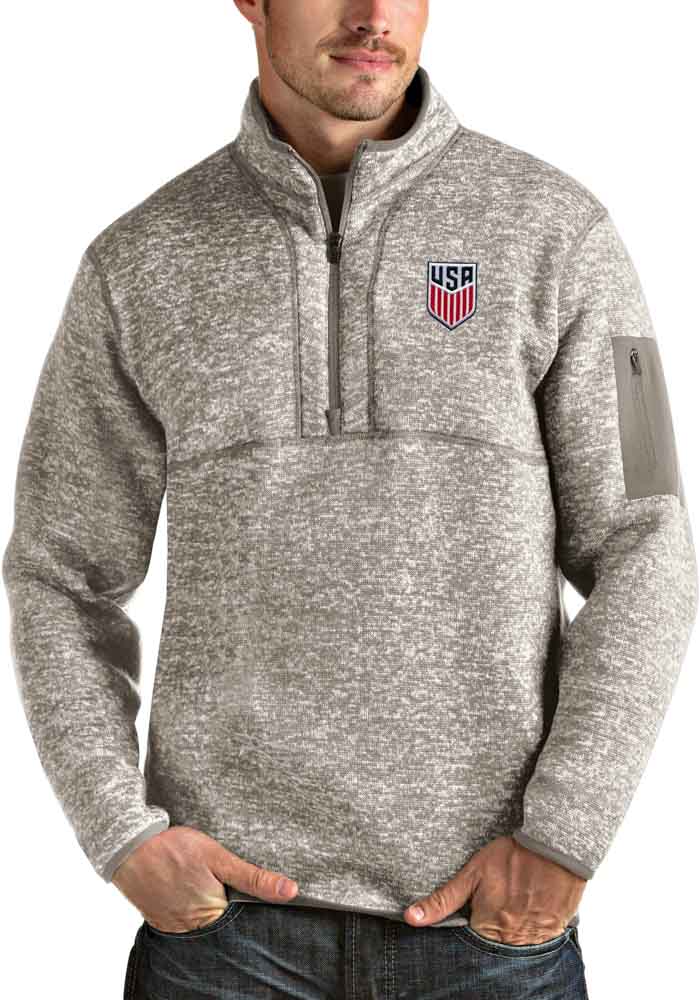 Antigua Team USA Mens Oatmeal Fortune Long Sleeve 1/4 Zip Pullover