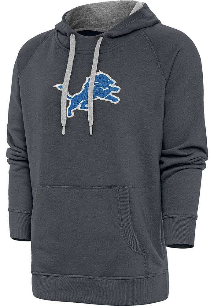 Antigua Detroit Lions Mens Chenille Logo Victory Hoodie - CHARCOAL