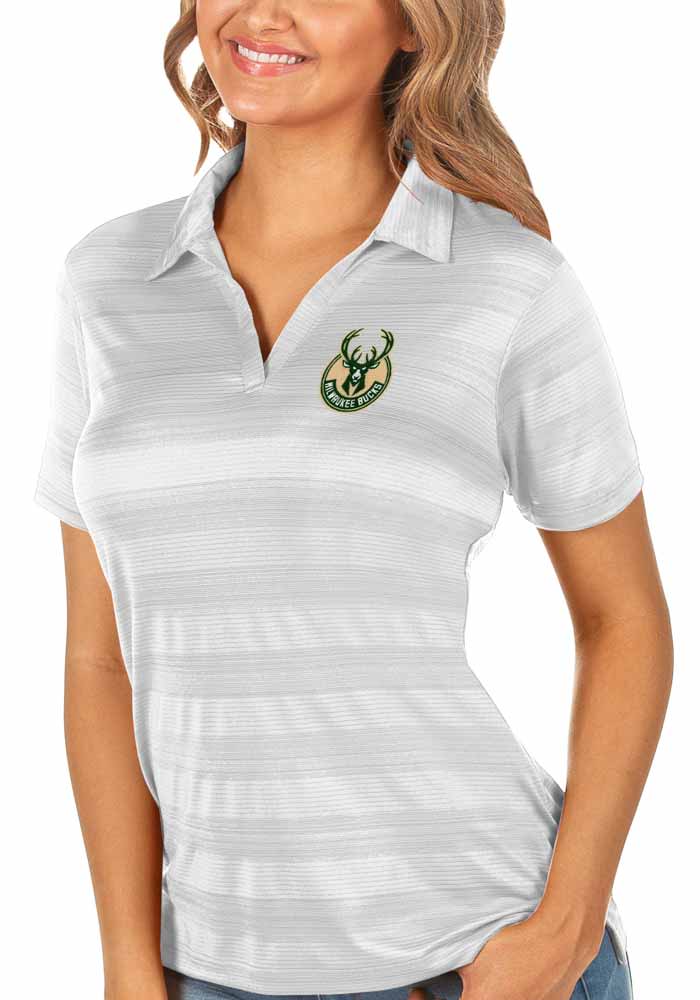 Antigua Milwaukee Bucks Womens White Compass Short Sleeve Polo Shirt