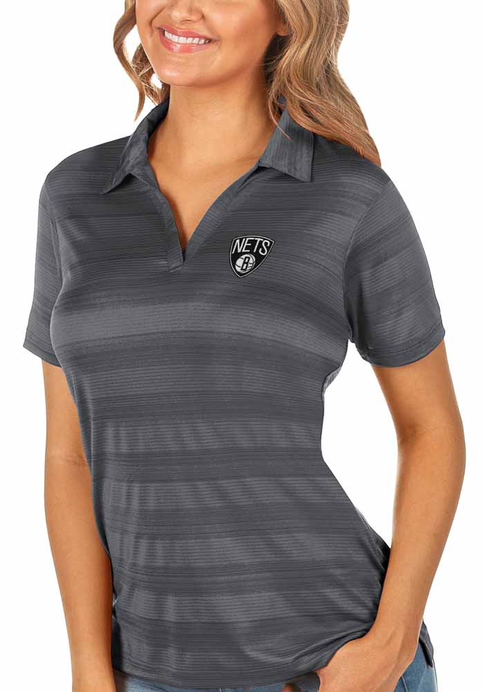 Antigua Brooklyn Nets Womens Grey Compass Short Sleeve Polo Shirt
