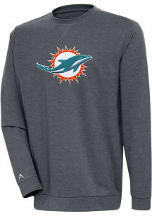 Antigua Miami Dolphins Mens Charcoal Chenille Logo Reward Long Sleeve Crew Sweatshirt