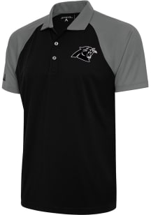Antigua Carolina Panthers Mens Black Metallic Logo Nova Short Sleeve Polo