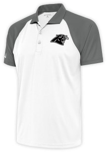 Antigua Carolina Panthers Mens White Metallic Logo Nova Short Sleeve Polo