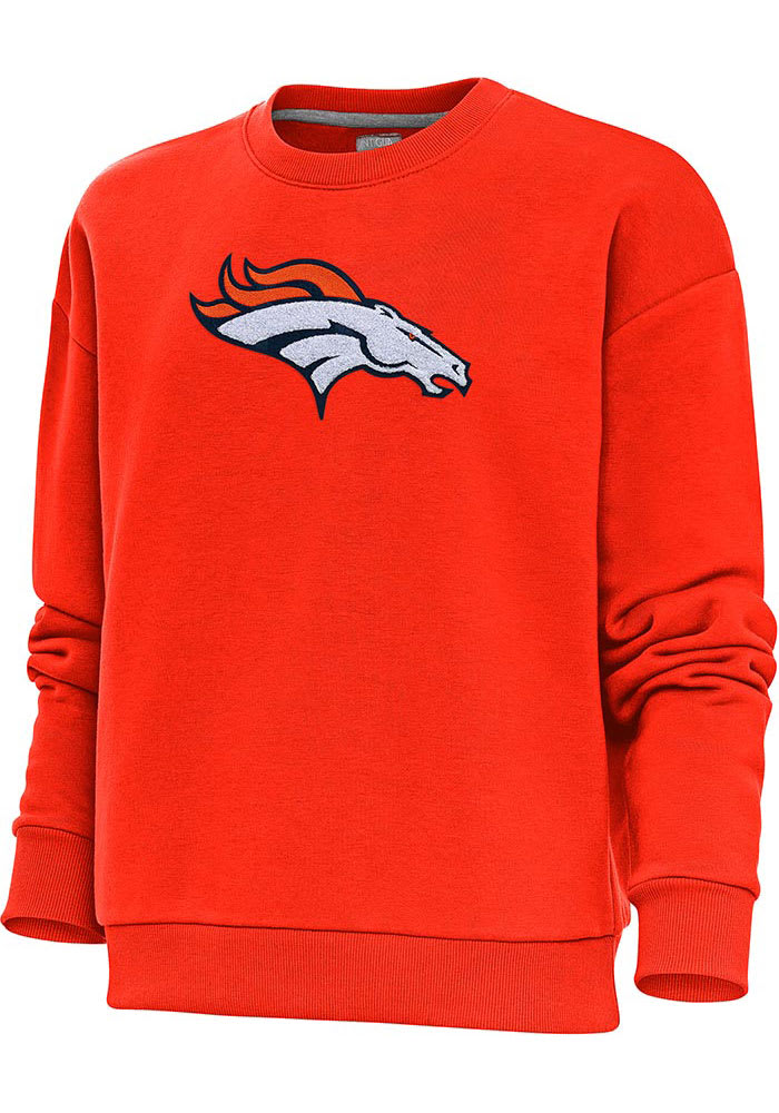 Antigua Denver Broncos Women's Orange Chenille Logo Victory Crew Sweatshirt, Orange, 65% Cotton / 35% POLYESTER, Size M, Rally House